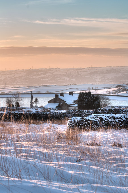 View from Scout Moor, Lancashire over the Owd Betts Inn.